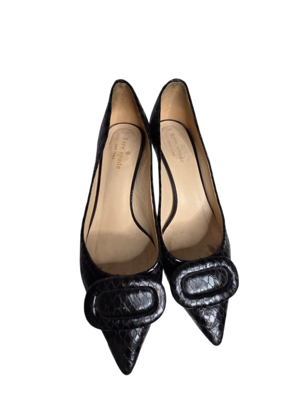 Kate Spade Lizard Black Embossed Pointed Toe Size 7.5 Kitten Heel Pumps Classy